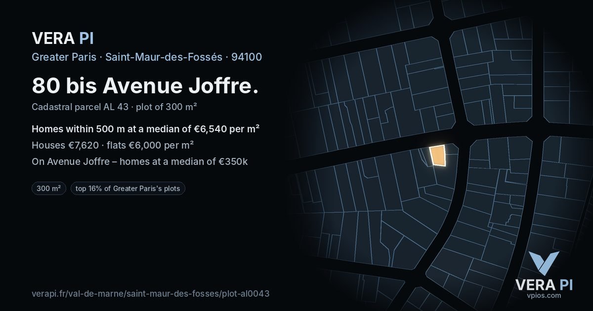 80 bis Avenue Joffre, Saint-Maur-des-Fossés at night – the plot lit, the parcels around coloured by the prices near them