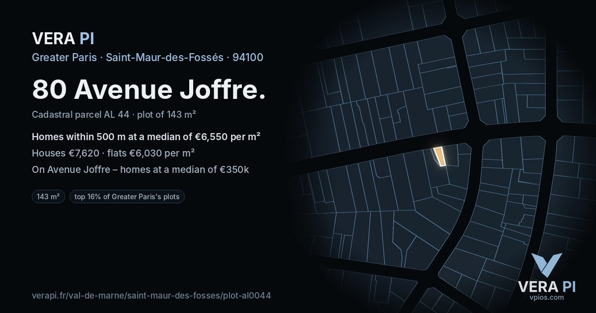 80 Avenue Joffre, Saint-Maur-des-Fossés at night – the plot lit, the parcels around coloured by the prices near them