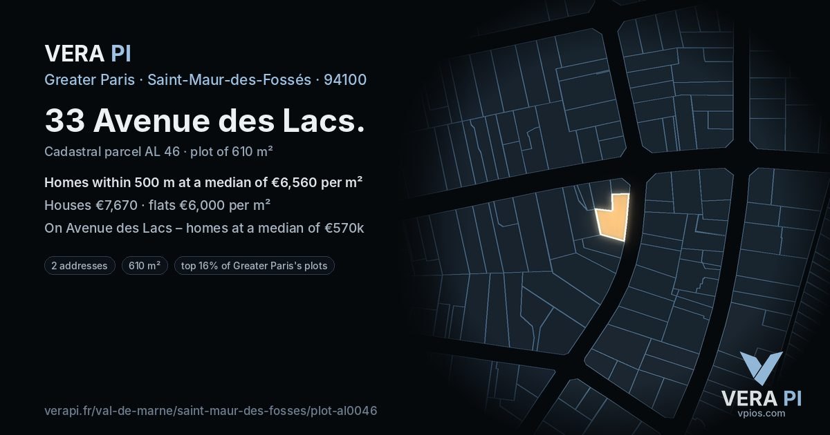 33 Avenue des Lacs, Saint-Maur-des-Fossés at night – the plot lit, the parcels around coloured by the prices near them