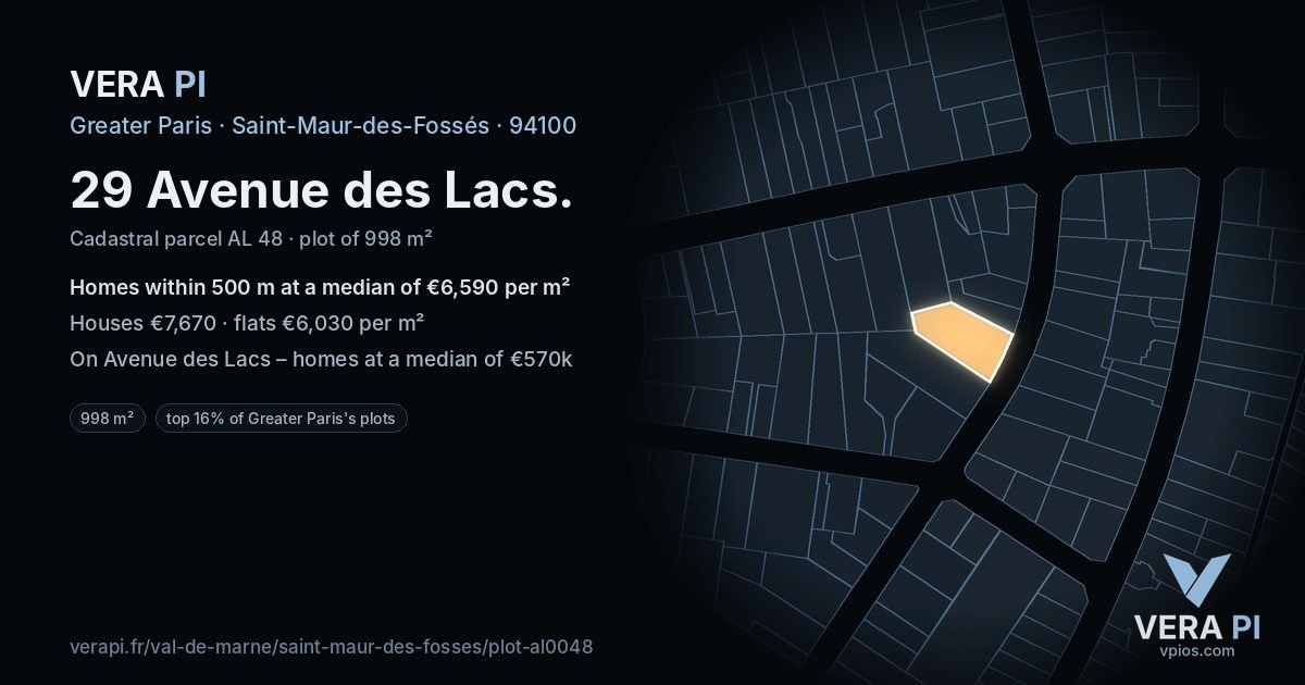 29 Avenue des Lacs, Saint-Maur-des-Fossés at night – the plot lit, the parcels around coloured by the prices near them