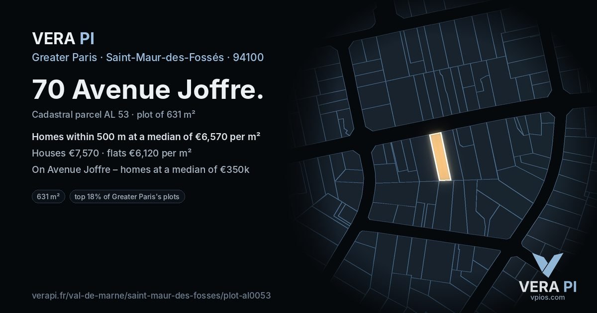 70 Avenue Joffre, Saint-Maur-des-Fossés at night – the plot lit, the parcels around coloured by the prices near them