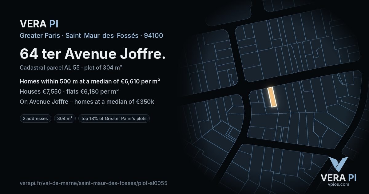 64 ter Avenue Joffre, Saint-Maur-des-Fossés at night – the plot lit, the parcels around coloured by the prices near them