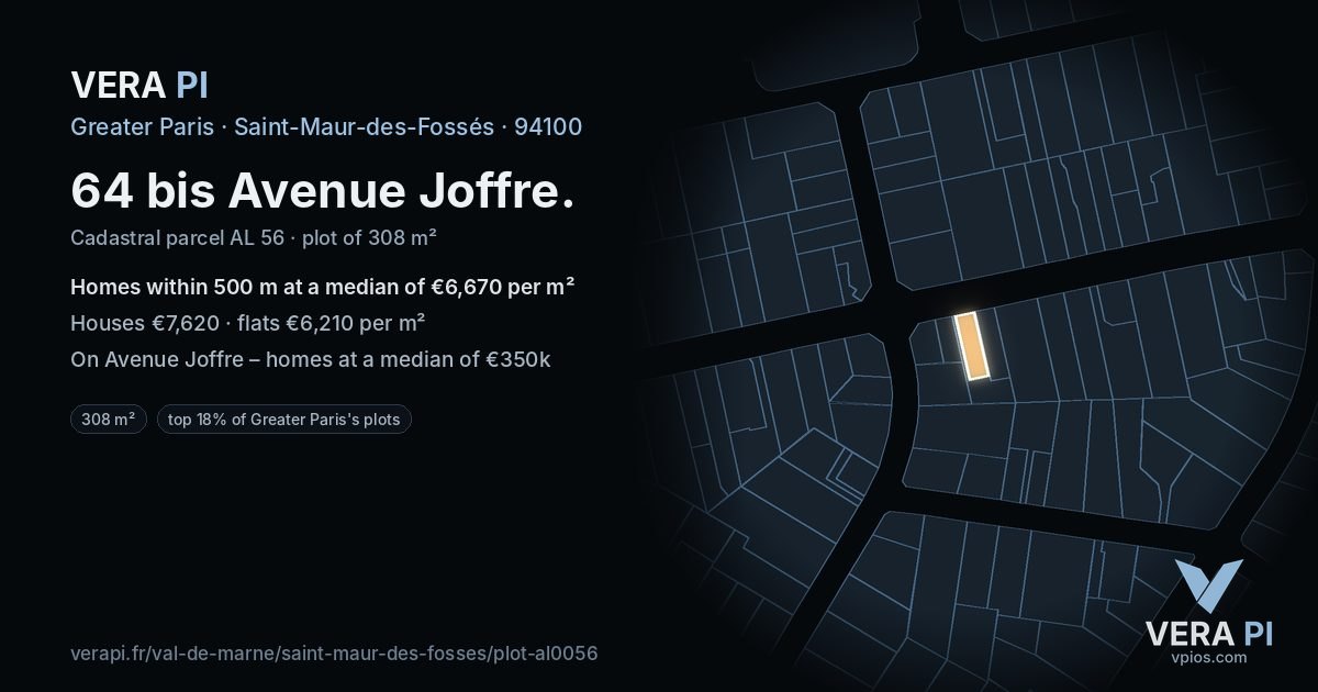 64 bis Avenue Joffre, Saint-Maur-des-Fossés at night – the plot lit, the parcels around coloured by the prices near them