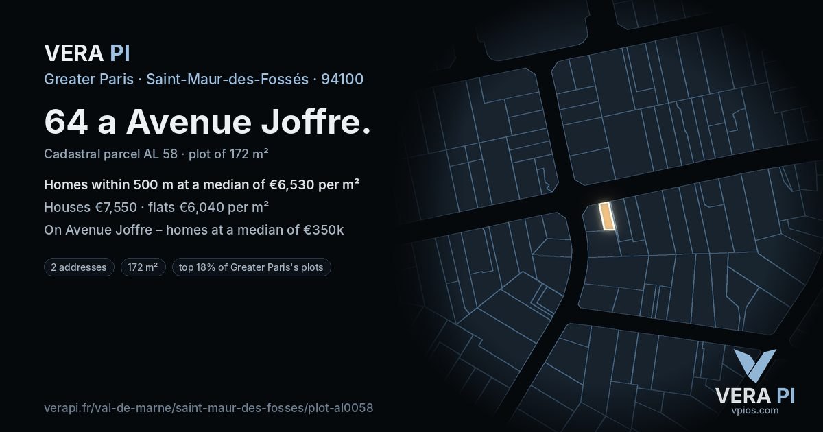 64 a Avenue Joffre, Saint-Maur-des-Fossés at night – the plot lit, the parcels around coloured by the prices near them