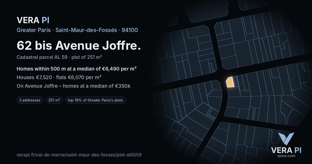 62 bis Avenue Joffre, Saint-Maur-des-Fossés at night – the plot lit, the parcels around coloured by the prices near them