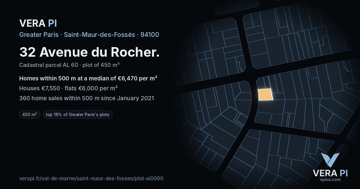 32 Avenue du Rocher, Saint-Maur-des-Fossés at night – the plot lit, the parcels around coloured by the prices near them