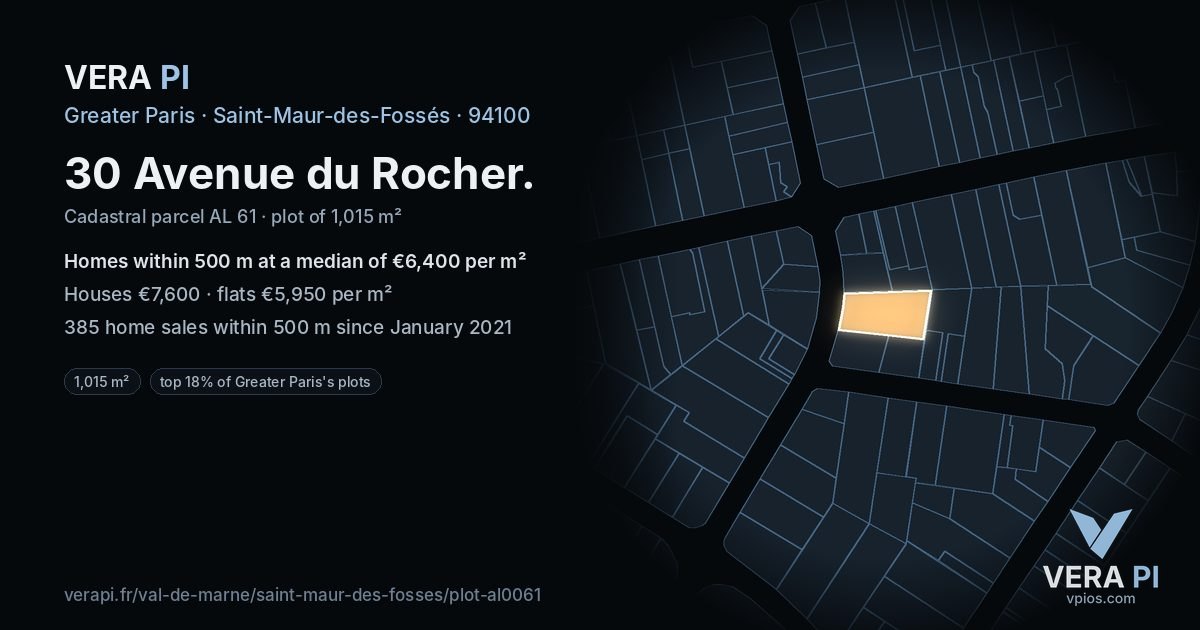 30 Avenue du Rocher, Saint-Maur-des-Fossés at night – the plot lit, the parcels around coloured by the prices near them