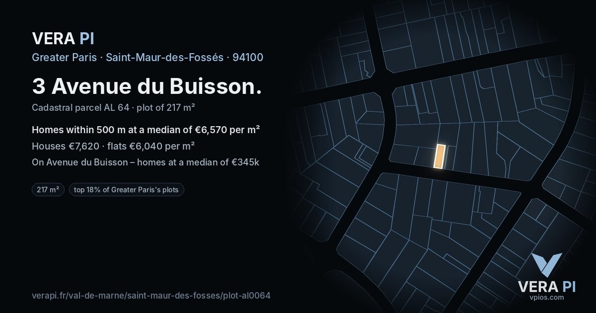 3 Avenue du Buisson, Saint-Maur-des-Fossés at night – the plot lit, the parcels around coloured by the prices near them