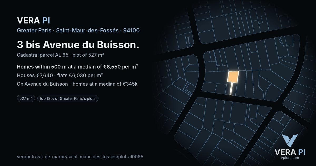 3 bis Avenue du Buisson, Saint-Maur-des-Fossés at night – the plot lit, the parcels around coloured by the prices near them