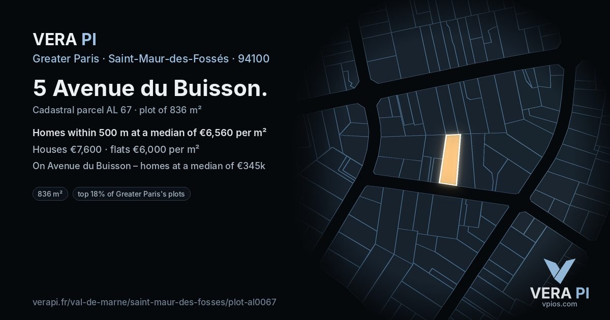 5 Avenue du Buisson, Saint-Maur-des-Fossés at night – the plot lit, the parcels around coloured by the prices near them