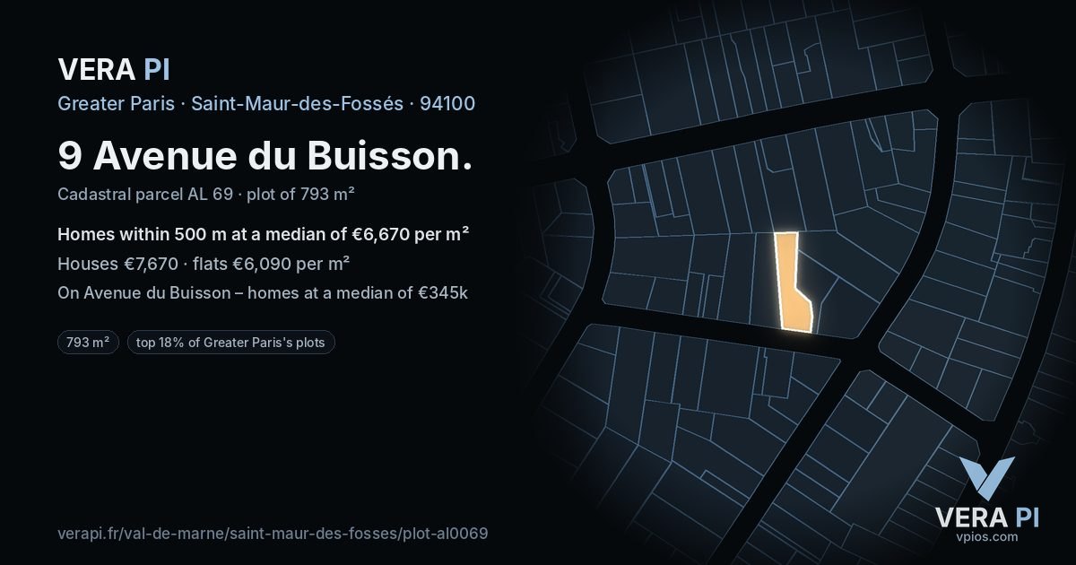 9 Avenue du Buisson, Saint-Maur-des-Fossés at night – the plot lit, the parcels around coloured by the prices near them