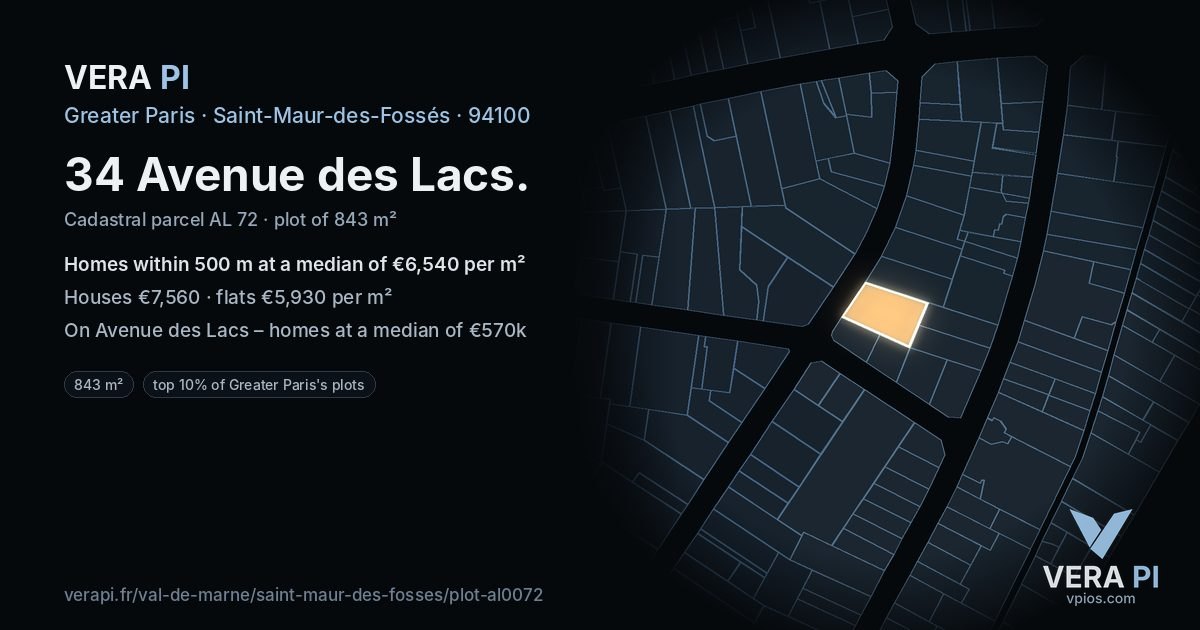 34 Avenue des Lacs, Saint-Maur-des-Fossés at night – the plot lit, the parcels around coloured by the prices near them