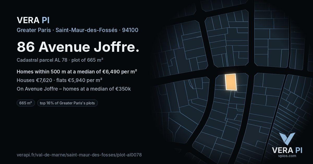 86 Avenue Joffre, Saint-Maur-des-Fossés at night – the plot lit, the parcels around coloured by the prices near them