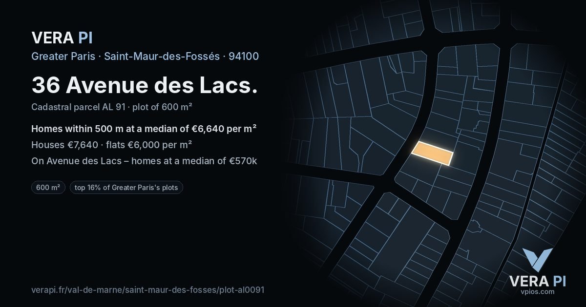36 Avenue des Lacs, Saint-Maur-des-Fossés at night – the plot lit, the parcels around coloured by the prices near them