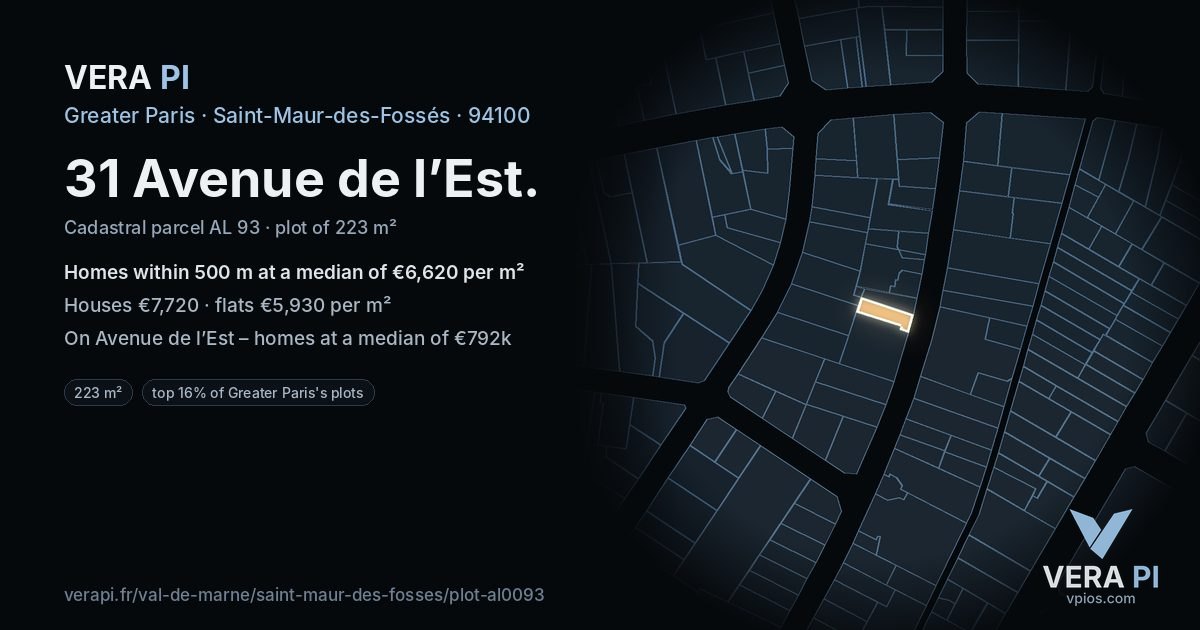 31 Avenue de l’Est, Saint-Maur-des-Fossés at night – the plot lit, the parcels around coloured by the prices near them