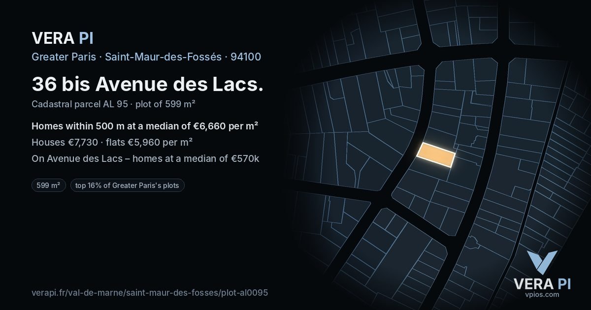 36 bis Avenue des Lacs, Saint-Maur-des-Fossés at night – the plot lit, the parcels around coloured by the prices near them