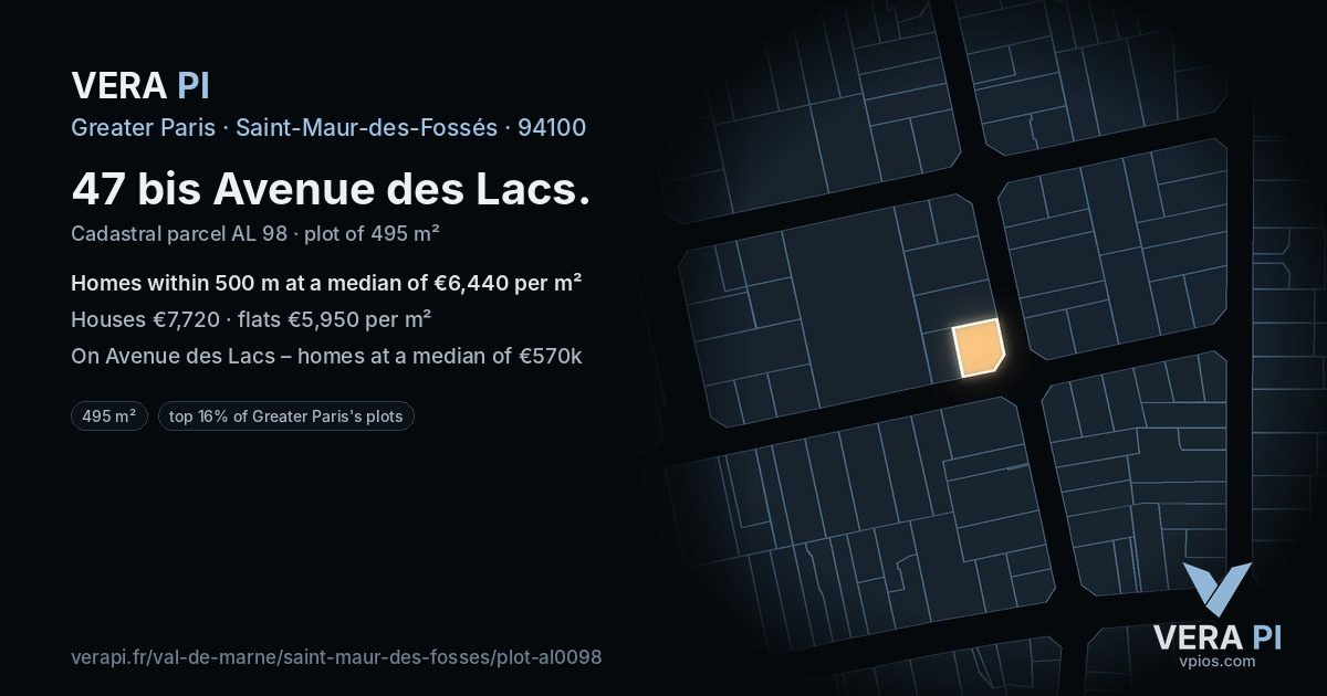 47 bis Avenue des Lacs, Saint-Maur-des-Fossés at night – the plot lit, the parcels around coloured by the prices near them