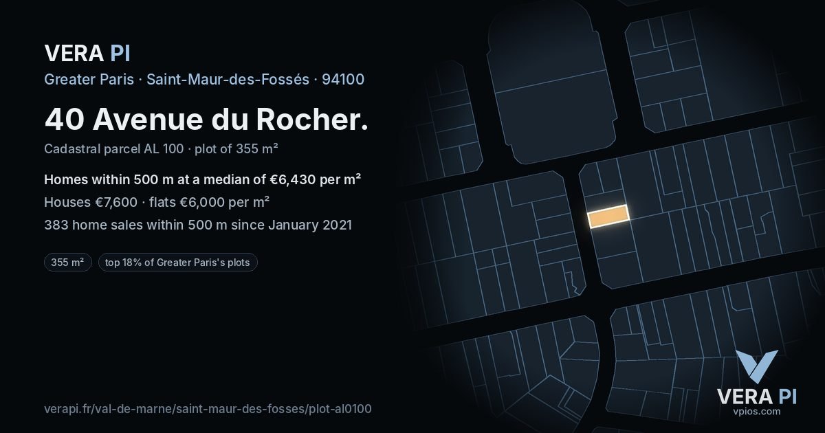 40 Avenue du Rocher, Saint-Maur-des-Fossés at night – the plot lit, the parcels around coloured by the prices near them