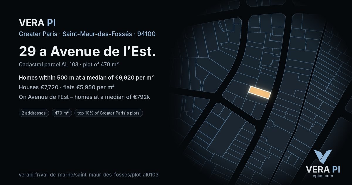29 a Avenue de l’Est, Saint-Maur-des-Fossés at night – the plot lit, the parcels around coloured by the prices near them