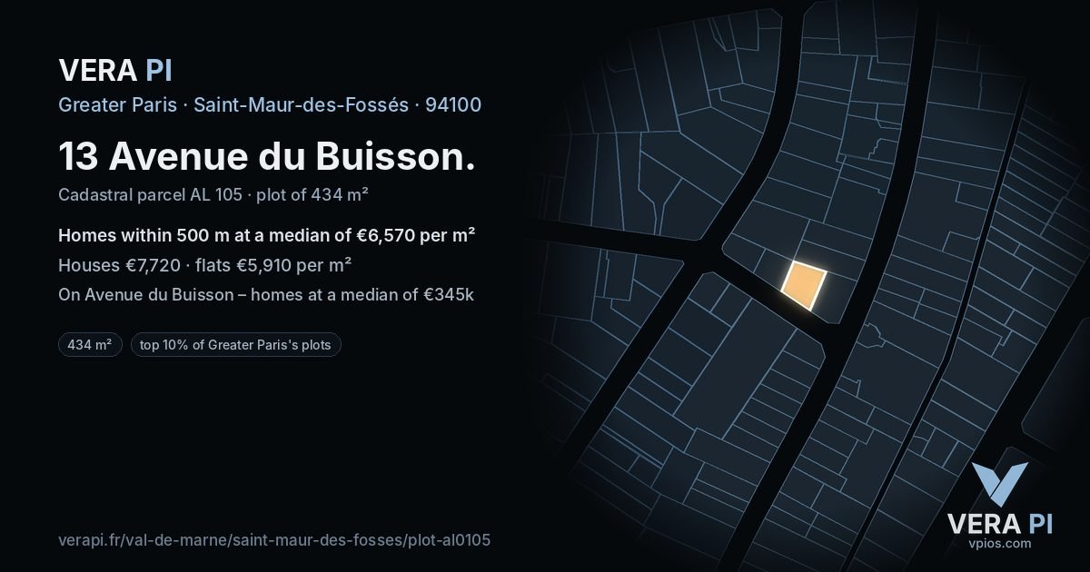 13 Avenue du Buisson, Saint-Maur-des-Fossés at night – the plot lit, the parcels around coloured by the prices near them