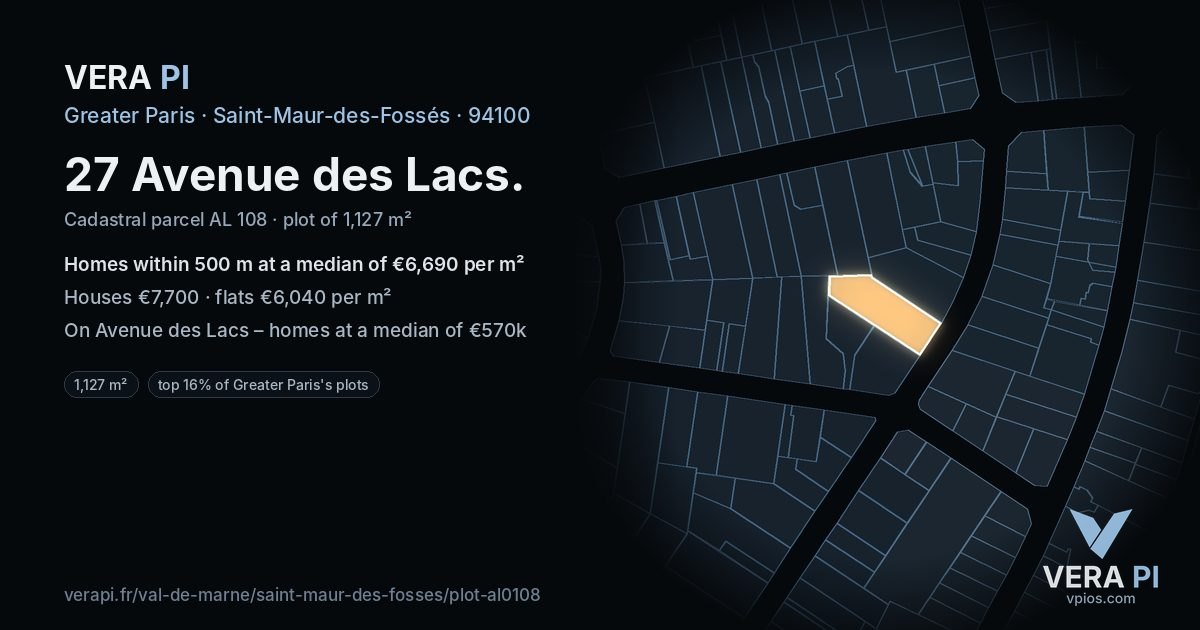 27 Avenue des Lacs, Saint-Maur-des-Fossés at night – the plot lit, the parcels around coloured by the prices near them
