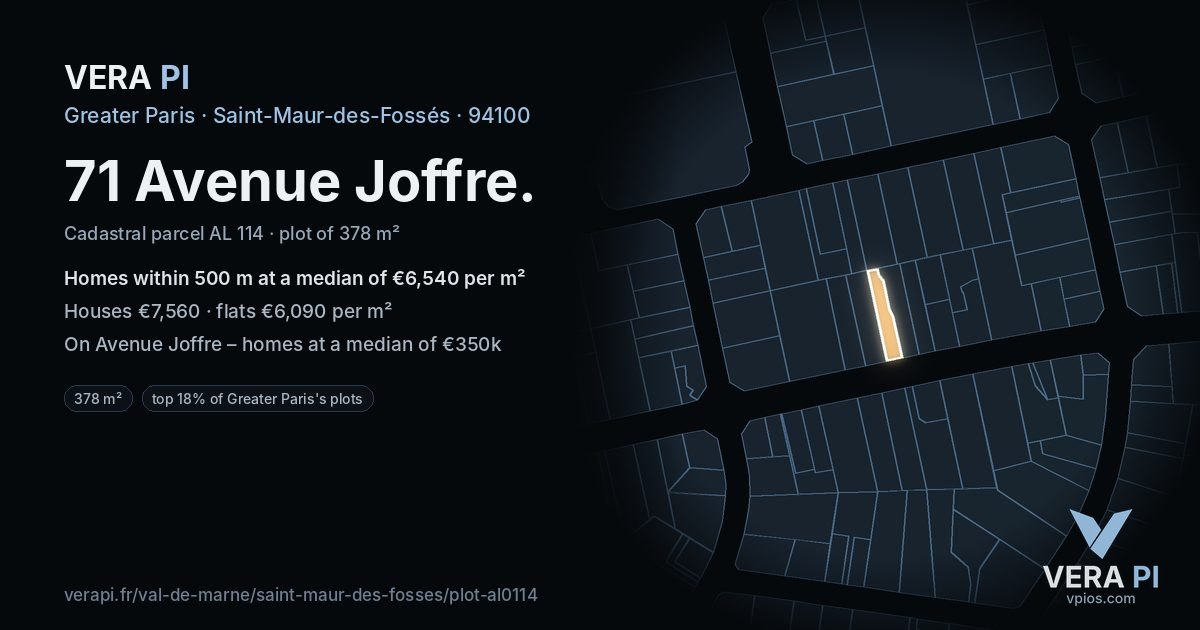 71 Avenue Joffre, Saint-Maur-des-Fossés at night – the plot lit, the parcels around coloured by the prices near them