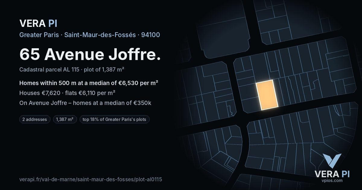 65 Avenue Joffre, Saint-Maur-des-Fossés at night – the plot lit, the parcels around coloured by the prices near them