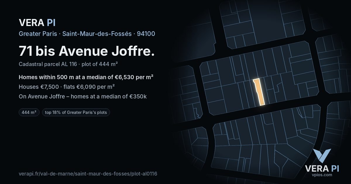 71 bis Avenue Joffre, Saint-Maur-des-Fossés at night – the plot lit, the parcels around coloured by the prices near them