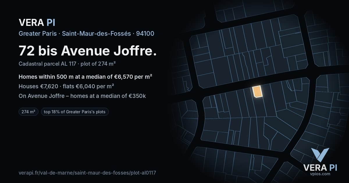 72 bis Avenue Joffre, Saint-Maur-des-Fossés at night – the plot lit, the parcels around coloured by the prices near them