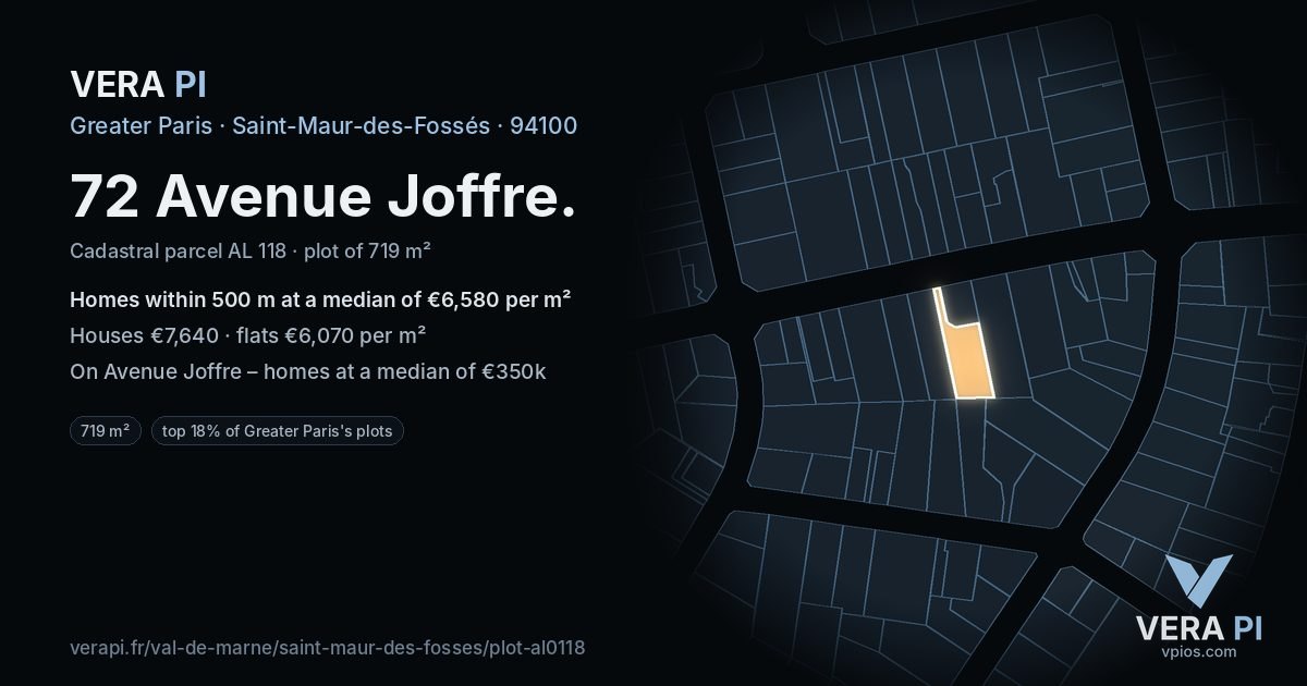 72 Avenue Joffre, Saint-Maur-des-Fossés at night – the plot lit, the parcels around coloured by the prices near them