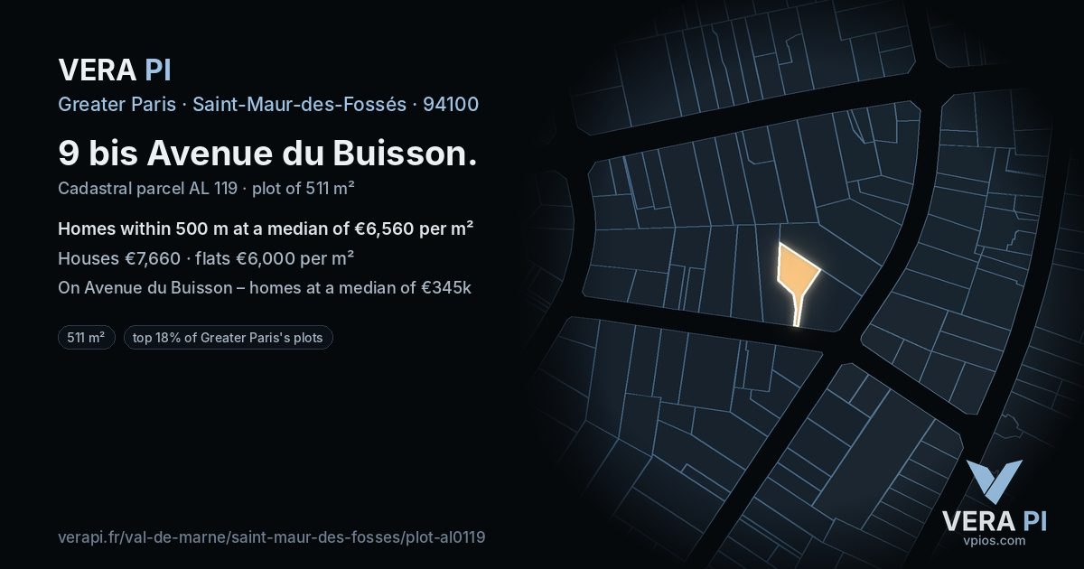 9 bis Avenue du Buisson, Saint-Maur-des-Fossés at night – the plot lit, the parcels around coloured by the prices near them