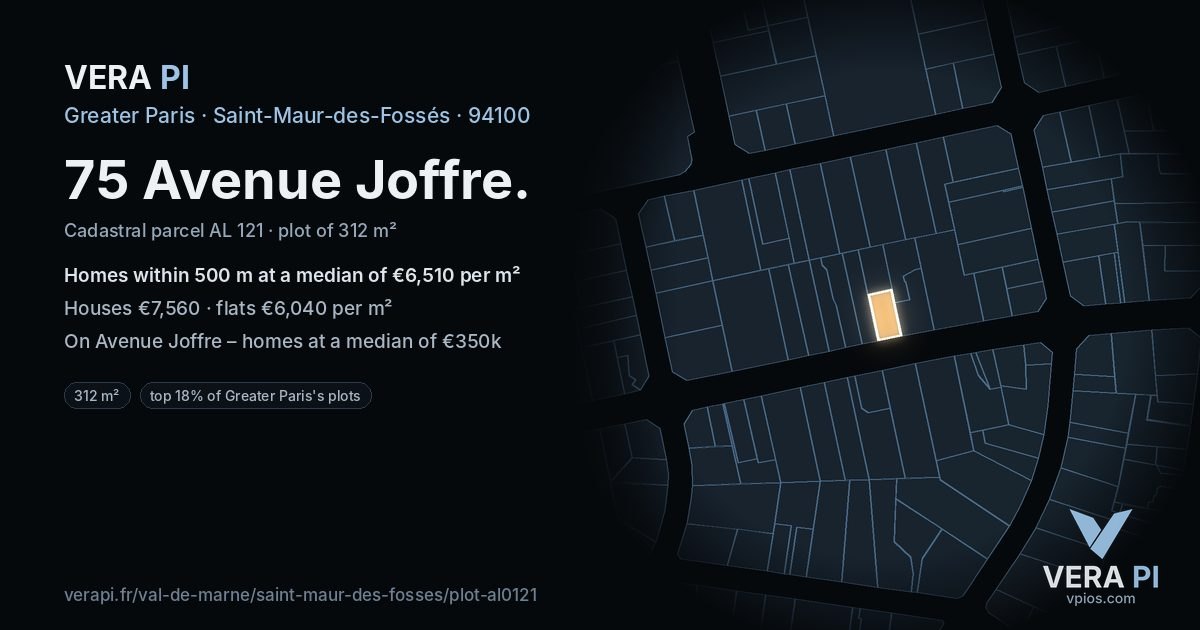 75 Avenue Joffre, Saint-Maur-des-Fossés at night – the plot lit, the parcels around coloured by the prices near them