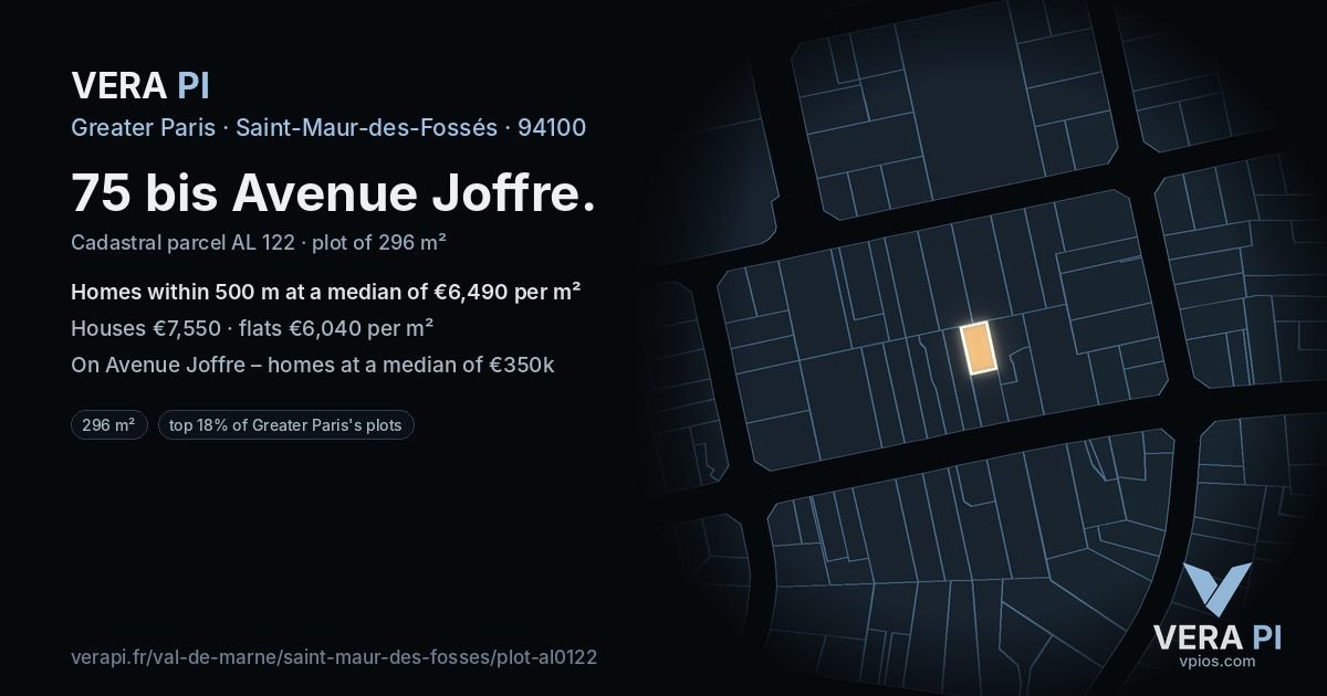 75 bis Avenue Joffre, Saint-Maur-des-Fossés at night – the plot lit, the parcels around coloured by the prices near them