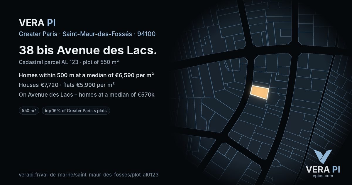 38 bis Avenue des Lacs, Saint-Maur-des-Fossés at night – the plot lit, the parcels around coloured by the prices near them