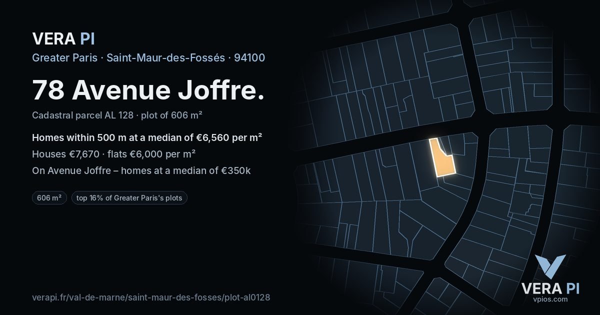78 Avenue Joffre, Saint-Maur-des-Fossés at night – the plot lit, the parcels around coloured by the prices near them