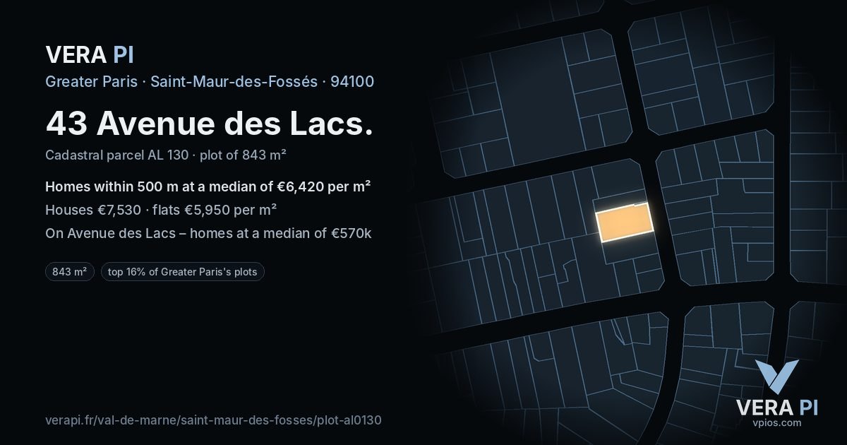43 Avenue des Lacs, Saint-Maur-des-Fossés at night – the plot lit, the parcels around coloured by the prices near them