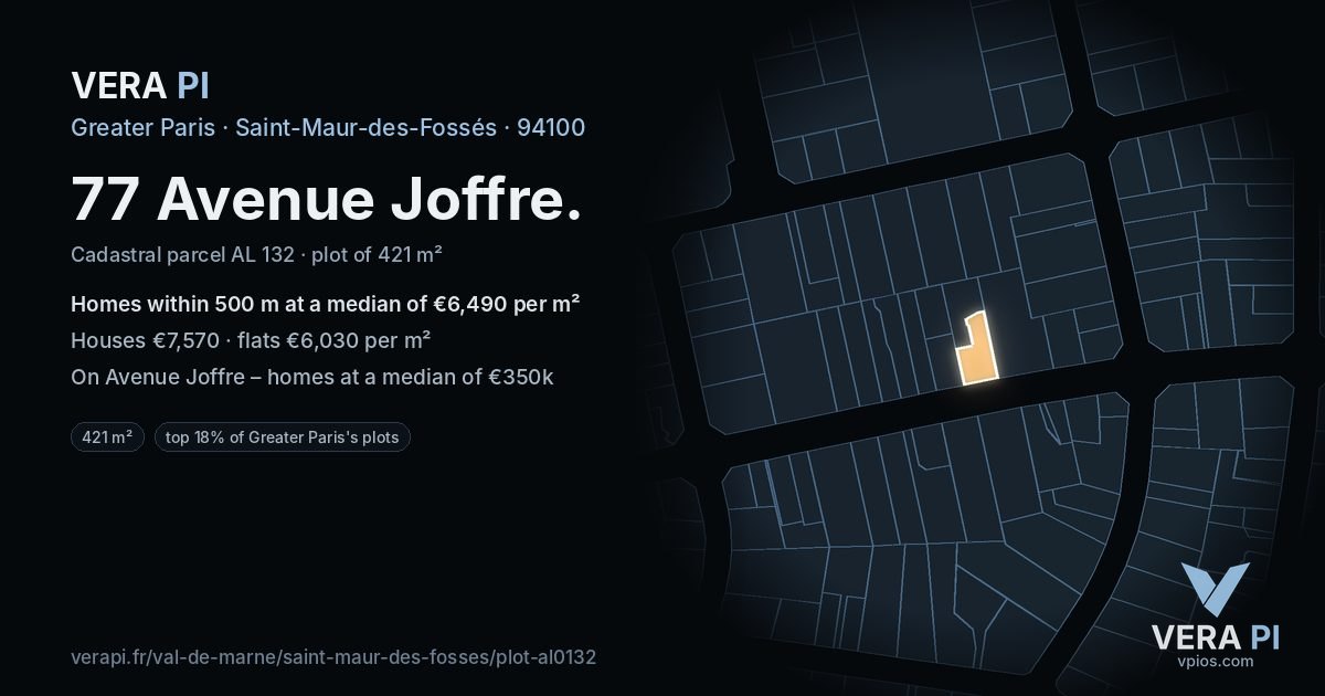 77 Avenue Joffre, Saint-Maur-des-Fossés at night – the plot lit, the parcels around coloured by the prices near them