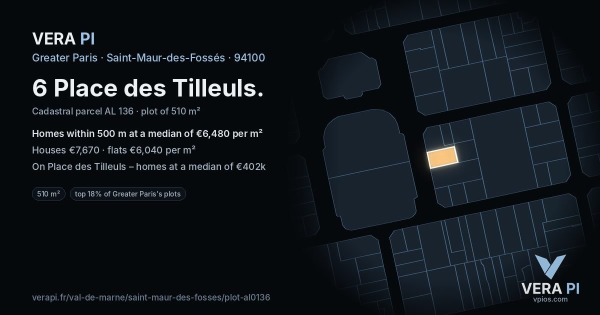 6 Place des Tilleuls, Saint-Maur-des-Fossés at night – the plot lit, the parcels around coloured by the prices near them