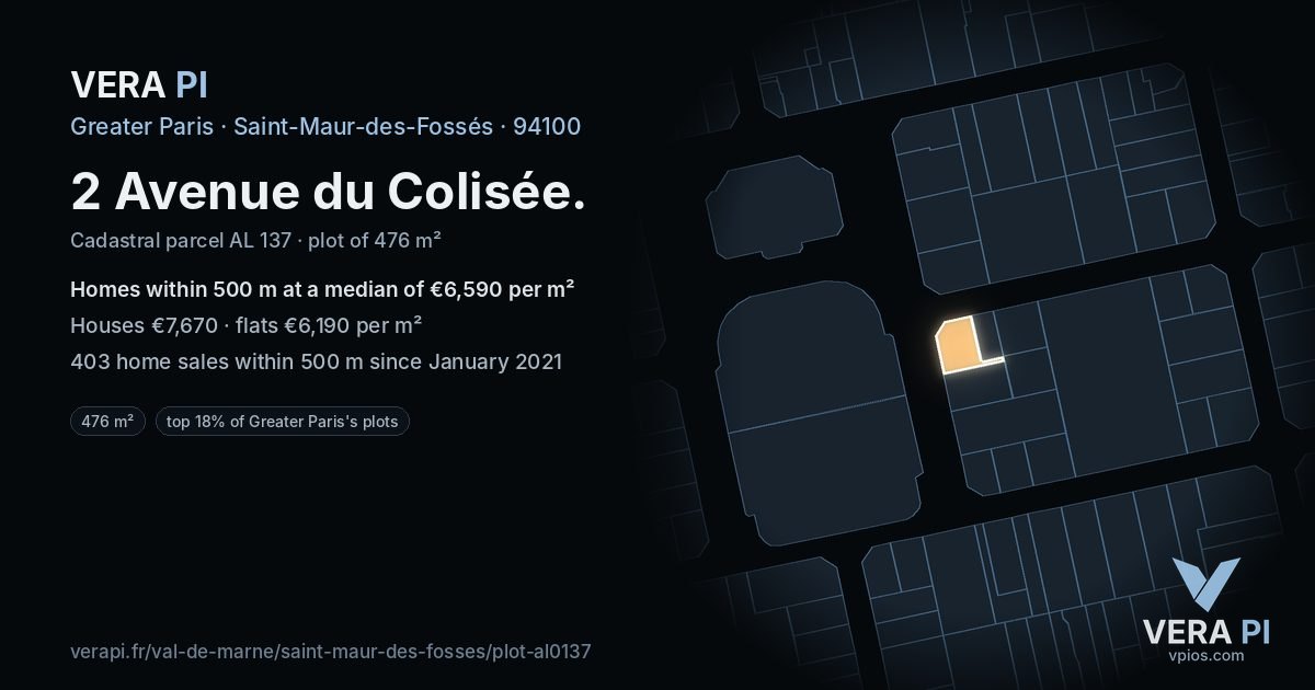 2 Avenue du Colisée, Saint-Maur-des-Fossés at night – the plot lit, the parcels around coloured by the prices near them