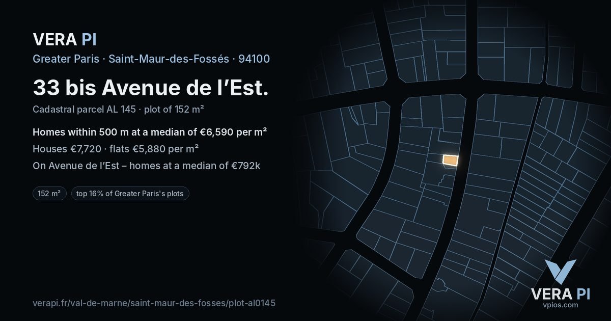 33 bis Avenue de l’Est, Saint-Maur-des-Fossés at night – the plot lit, the parcels around coloured by the prices near them