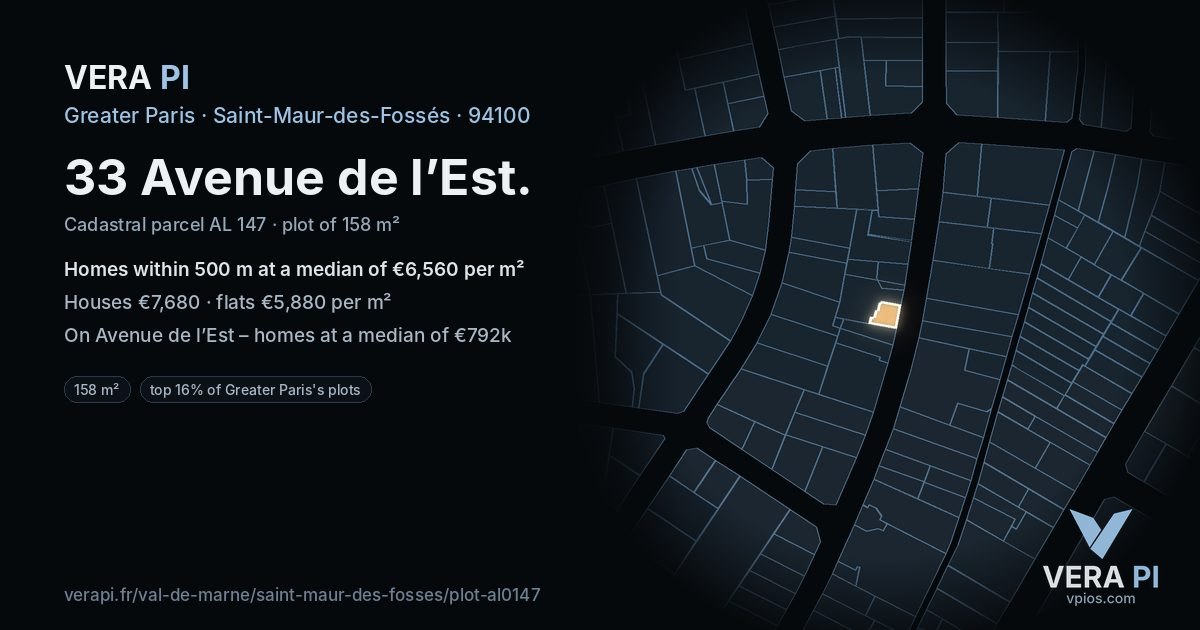 33 Avenue de l’Est, Saint-Maur-des-Fossés at night – the plot lit, the parcels around coloured by the prices near them