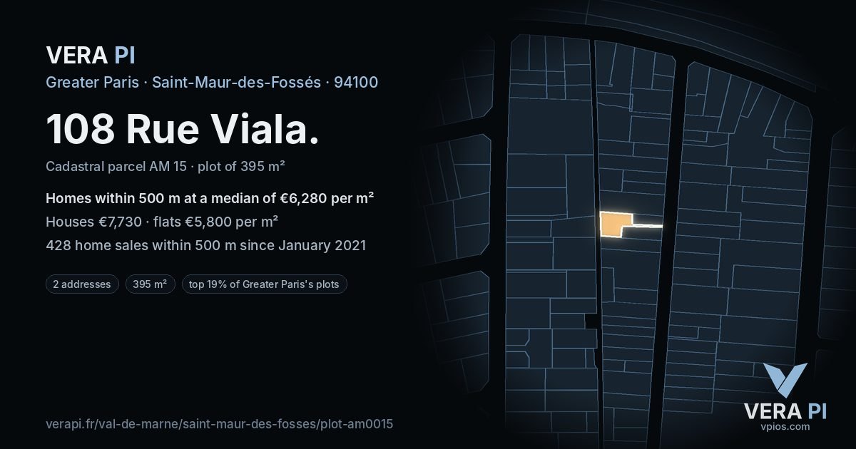 108 Rue Viala, Saint-Maur-des-Fossés at night – the plot lit, the parcels around coloured by the prices near them