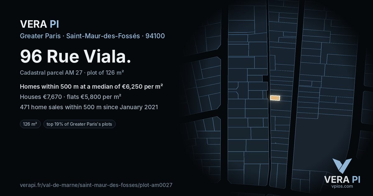 96 Rue Viala, Saint-Maur-des-Fossés at night – the plot lit, the parcels around coloured by the prices near them