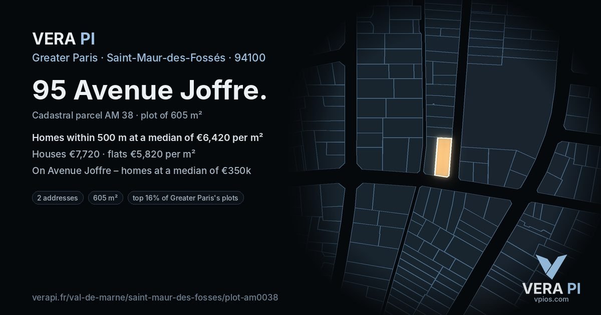 95 Avenue Joffre, Saint-Maur-des-Fossés at night – the plot lit, the parcels around coloured by the prices near them