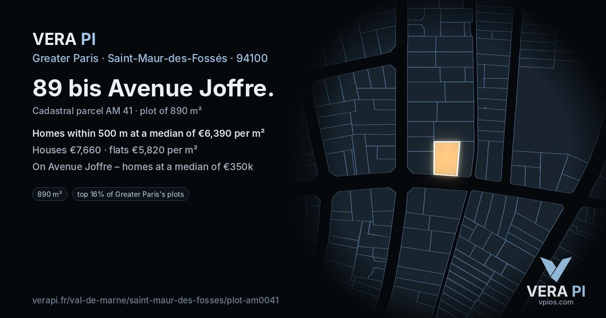 89 bis Avenue Joffre, Saint-Maur-des-Fossés at night – the plot lit, the parcels around coloured by the prices near them