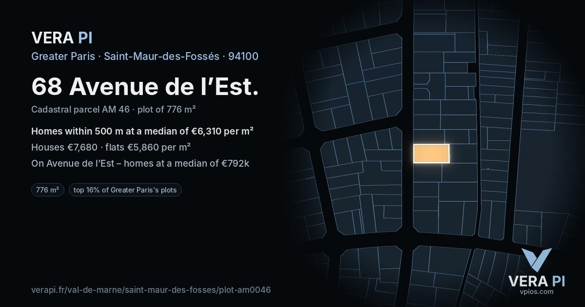 68 Avenue de l’Est, Saint-Maur-des-Fossés at night – the plot lit, the parcels around coloured by the prices near them