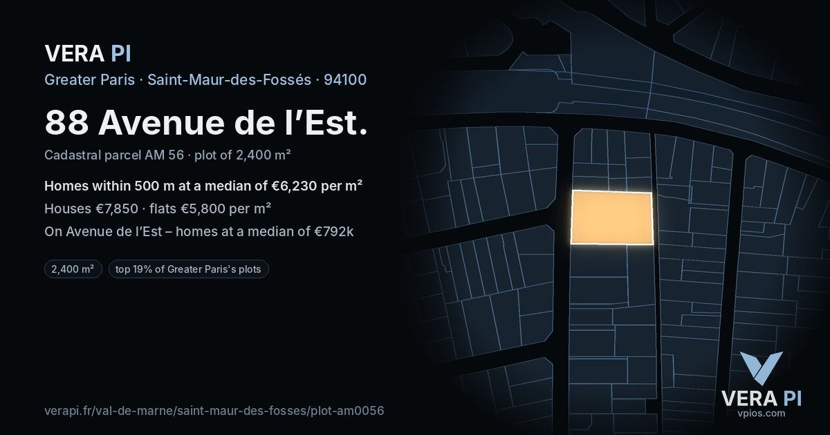 88 Avenue de l’Est, Saint-Maur-des-Fossés at night – the plot lit, the parcels around coloured by the prices near them