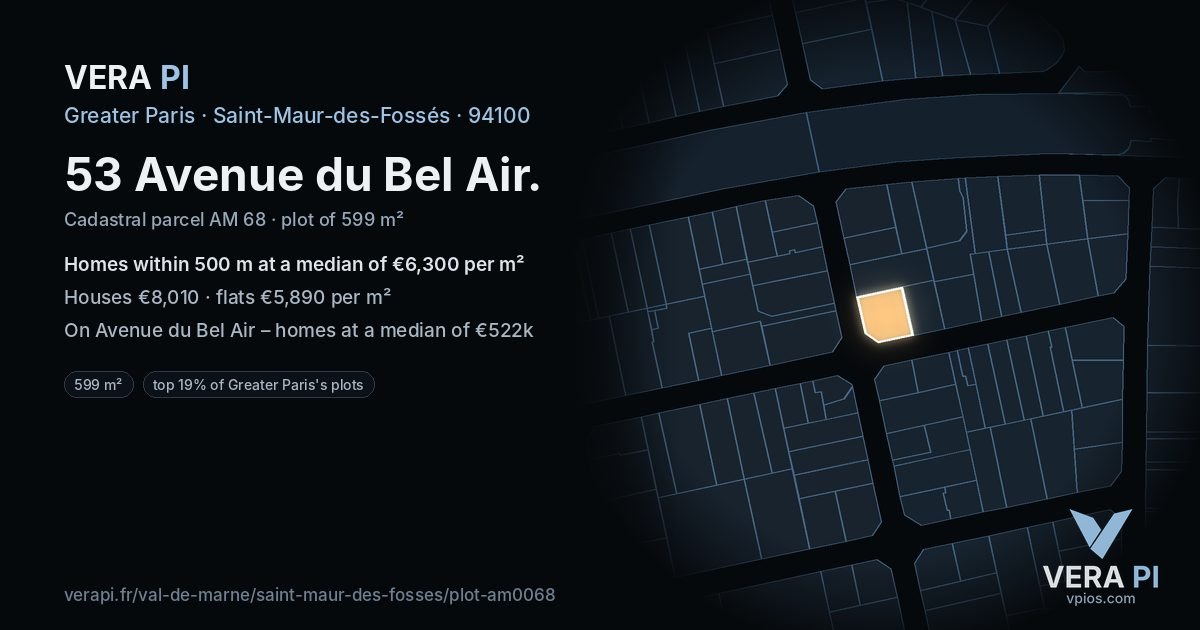 53 Avenue du Bel Air, Saint-Maur-des-Fossés at night – the plot lit, the parcels around coloured by the prices near them