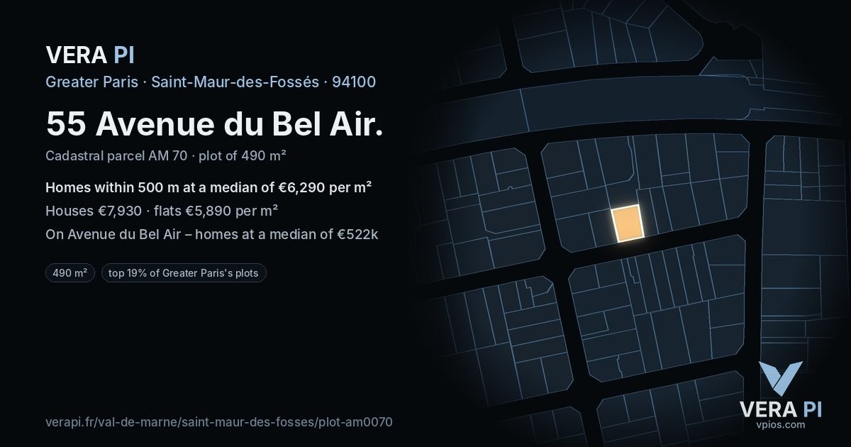 55 Avenue du Bel Air, Saint-Maur-des-Fossés at night – the plot lit, the parcels around coloured by the prices near them