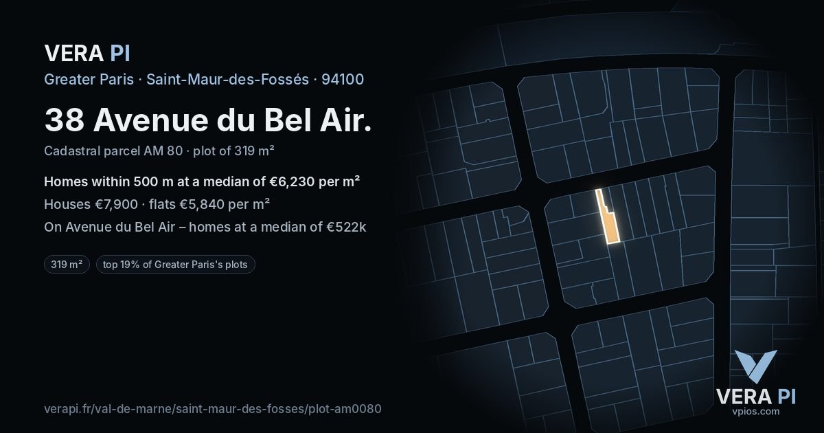 38 Avenue du Bel Air, Saint-Maur-des-Fossés at night – the plot lit, the parcels around coloured by the prices near them